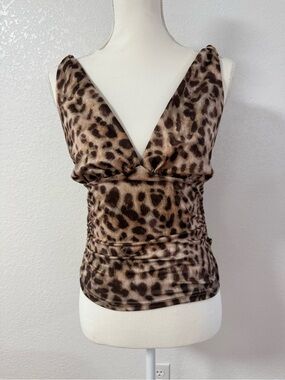 Women Leopard Animal Print Knit V-Neck Wide Strap Camisole Tank Brown/Black M
